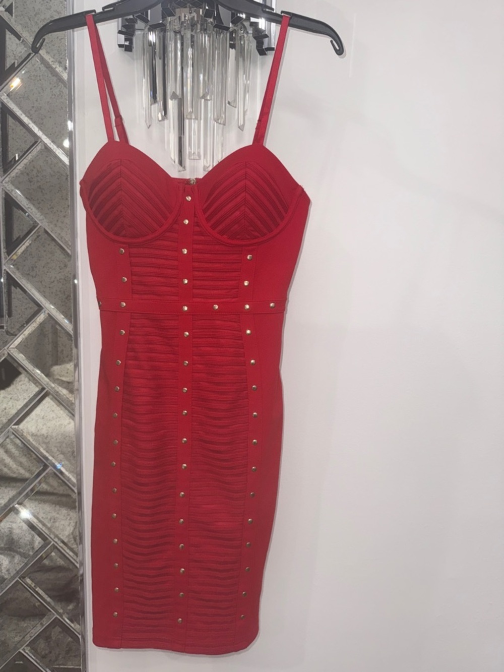 ENTRY Red Bodycon gold Studded Midi Dress